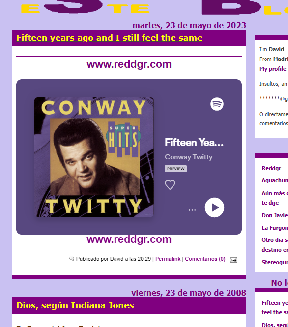 Screen capture from old blog, showing the the last two posts. One dated May 23rd 2008. The other dated May 23rd 2023.