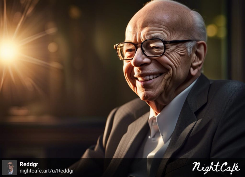 This ai-generated picture captures the essence of a Rupert Murdoch doppelgänger, confidently attired in a business suit, tie conspicuously absent, and trademark glasses. His grin reflects contentment, while a star-shaped yellow glimmer on the left discreetly nods to a source of his happiness: The Sun