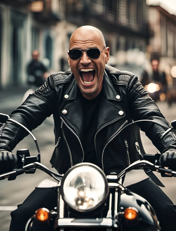 Man wearing leather jacket and sun glasses, rides a motorbike