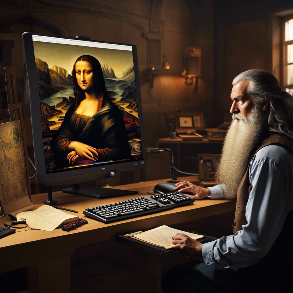 AI-generated picture of Leonardo da Vinci using a computer. A version of the Mona Lisa is shown on a modern computer screen