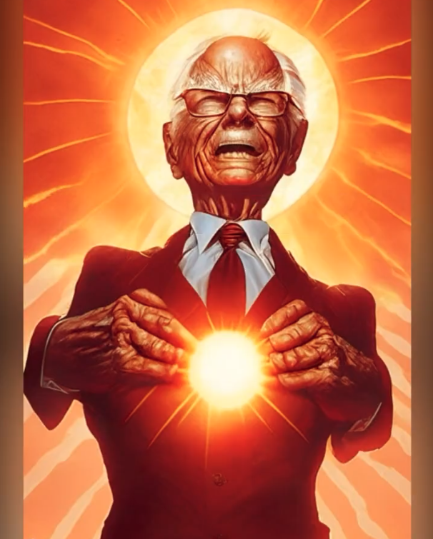 AI-generated image of a character resembling Rupert Murdoch holding the Sun in his hands. Comic book style.