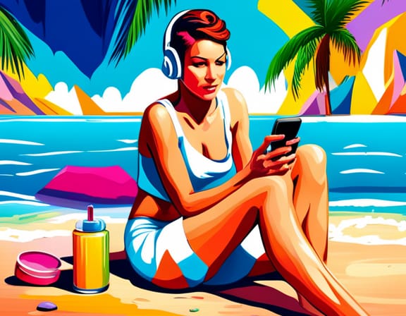 Woman sitting on the beach while looking at her mobile phone and wearing headphones
