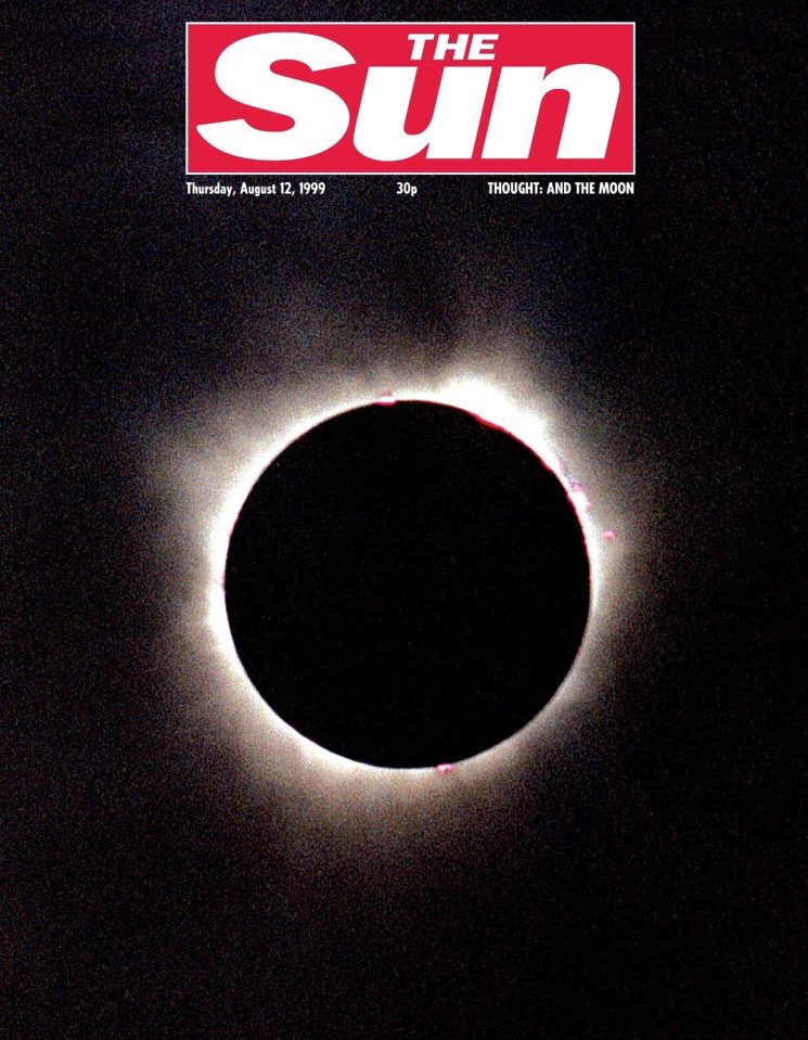 Front page of The Sun newspaper showcasing a striking solar eclipse against a pitch-black backdrop. The cover includes minimal text: "The Sun," the date, August 12, 1999, and an all-caps subtitle: "THOUGHT: AND THE MOON"