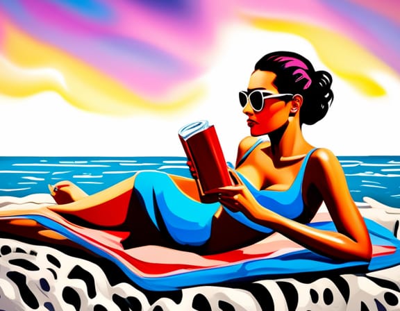 Woman wearing sunglasses lying on the beach, reading