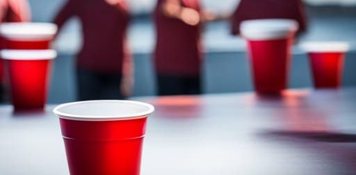 Beer pong fun. A table with red cups on it and people in the background standing around it