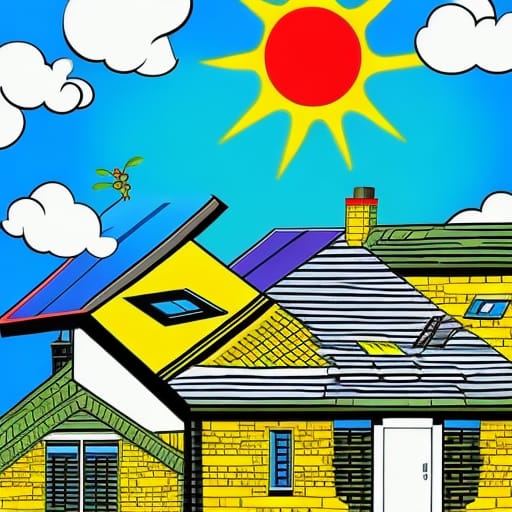 The sky, sun and clouds. House rooftop with solar panels. Comic book drawing. Colourful