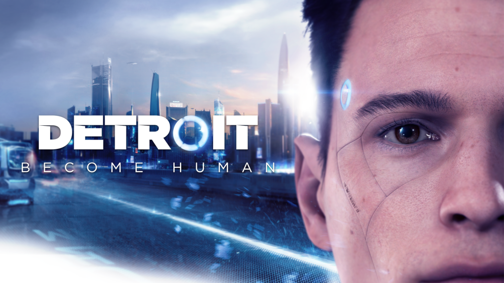 Detroit: Become Human video game Official artwork. Featuring Connor, one of the game's characters, and the game title over a futuristic skyline of the city of Detroit