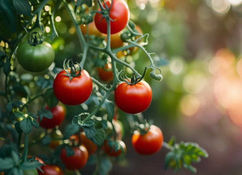 AI-generated image. Tomatoes in their plant. Some red, some green