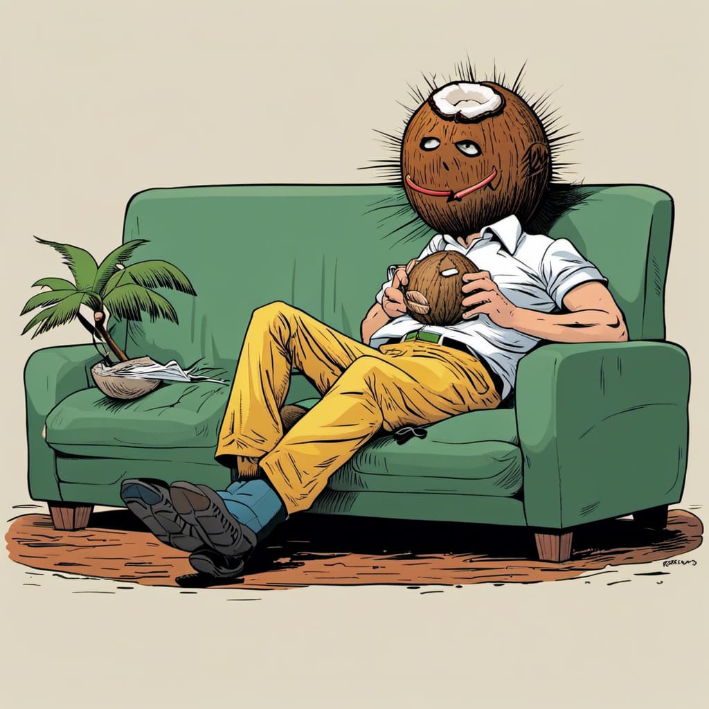 AI-generated image. Comic book style. Man with a coconut head with rudimentary mouth and eyes lying on the couch