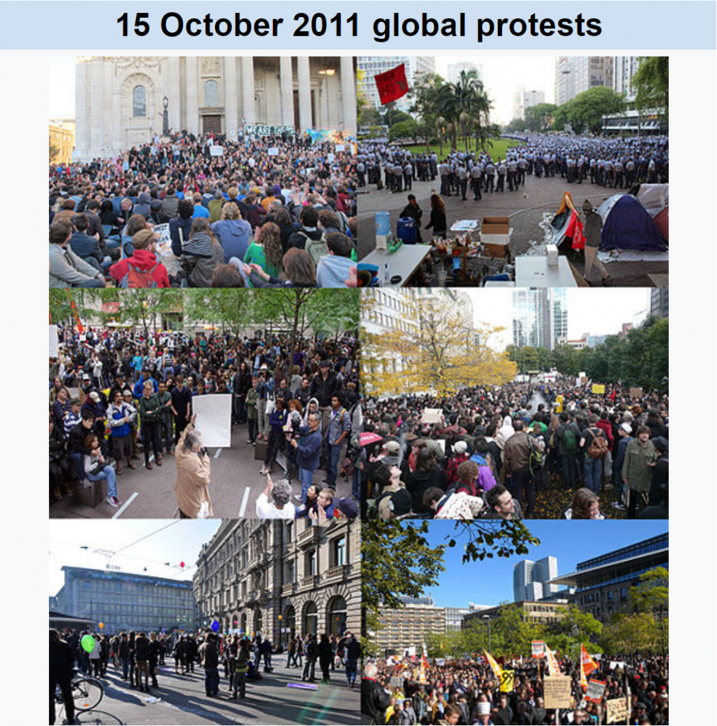 A combination for the pictures of October 2011 global protests (Note: most of the pictures were taken on 15 October, but not all of them), the place where the pictures have been taken from left to right and above to below: London, UK - São Paulo, Brazil - Wall Street, New York City, USA - Montreal, Canada - Zürich, Switzerland - Frankfurt, Germany.