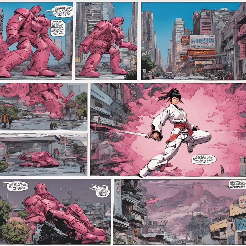 Comic book strip composed with Stable Diffusion and some basic additional editing. Main text prompt: Text Prompts
"Marvel comic book strip with four panels featuring giant pink robots attacking Yoshimi, a female karateka wearing white kimono. Beautifully drawn backgrounds show a futuristic grey cityscape in turmoil. A masterpiece by Joe Jusko"