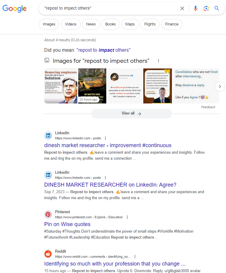 Screen capture of Google web search. Showing search results for "repost to impect others", returning multiple entries and images on popular social media sites: LinkedIn, Pinterest, and Reddit

Debunking SEO Myths with GenAI
