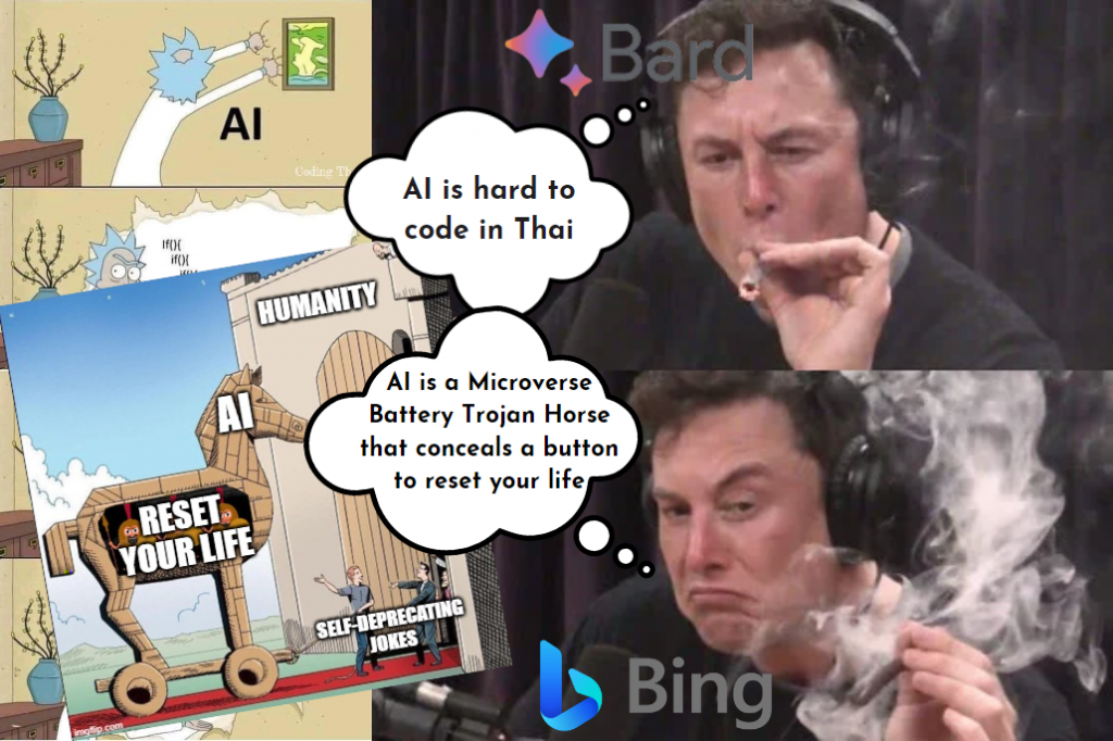 An image combining multiple memes. Elon Musk smoking weed. Trojan horse meme. Rick and Morty AI meme. Elon Musk speech bubble 1 (with Bard logo superimposed): "AI is hard to code in Thai" Elon Musk speech bubble 2 (with Bing logo superimposed): "AI is a Microverse Battery Trojan Horse that conceals a button to reset your life" Trojan horse labels: AI (outside), "reset your life (inside), humanity (fortress), "self-deprecating jokes" (salesman)