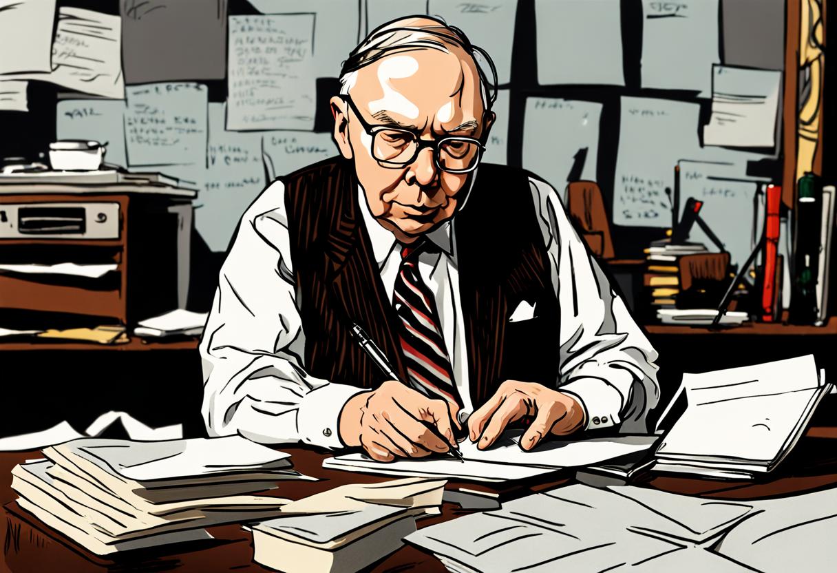 An illustrated image depicts an elderly man with glasses, balding with white hair on the sides, intently focused on writing or signing a document. He's dressed in a white shirt, a striped tie, and a brown vest. The setting appears to be a cluttered office with stacks of papers, books, and various notes pinned to the walls. The room is filled with details such as a typewriter, a cup, and stationary items scattered around, all contributing to the atmosphere of a busy workspace.