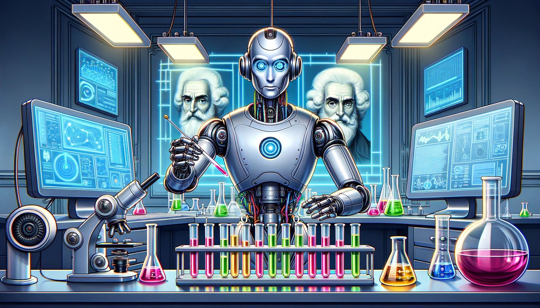A futuristic robot with blue glowing eyes stands in a high-tech laboratory filled with multicolored chemical solutions in test tubes and beakers. The robot is meticulously working with a pipette. Behind the robot, there are two identical holographic displays showing the face of an elderly man with a white beard, reminiscent of a historical figure. Surrounding the robot are advanced computer monitors displaying various scientific data and diagrams. The ambiance of the room is dominated by neon blue lighting.