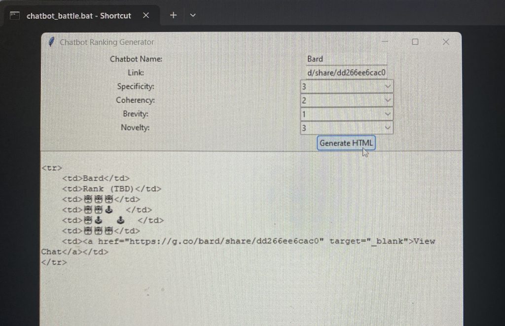 Screenshot of a computer screen displaying a graphical user interface for a Chatbot Ranking Generator application. The application window has input fields for 'Chatbot Name', 'Link', and drop-down menus for 'Specificity', 'Coherency', 'Brevity', and 'Novelty'. Below the input fields, there's a 'Generate HTML' button and a preview of the generated HTML code snippet showing inputted data for a chatbot named 'Bard'.