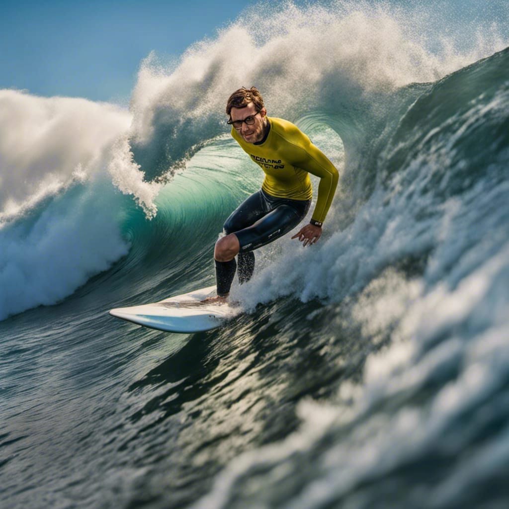 With an uncanny resemblance to Rivers Cuomo, the frontman and singer of Weezer, this surfer makes a bold statement as he rides a breaking wave on a white board. His stylish rimmed glasses add a touch of rockstar flair to this impressive display of wave mastery.