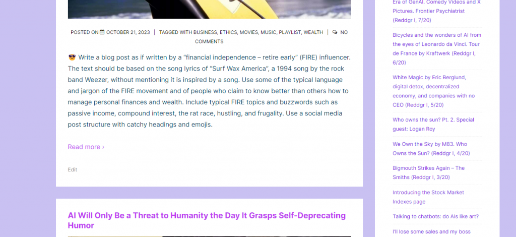 A screenshot of the reddgr.com website showcasing a clean and organized layout. The main content area displays a blog post prompt with an associated date and tags. A sidebar on the right lists a variety of other blog topics. The color scheme is primarily soft purples and whites, giving the website a modern and elegant feel. Emojis are used within the blog post to add a touch of playfulness.