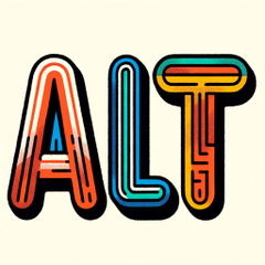 Logo for the ALT Text Artist GPT featuring stylized, 3D block letters "ALT" with a color gradient and shadow effect, giving it a vibrant, retro look. Each letter is uniquely colored, with the 'A' in orange and red tones, 'L' in blue and green, and 'T' in yellow and orange, all set against a neutral background.