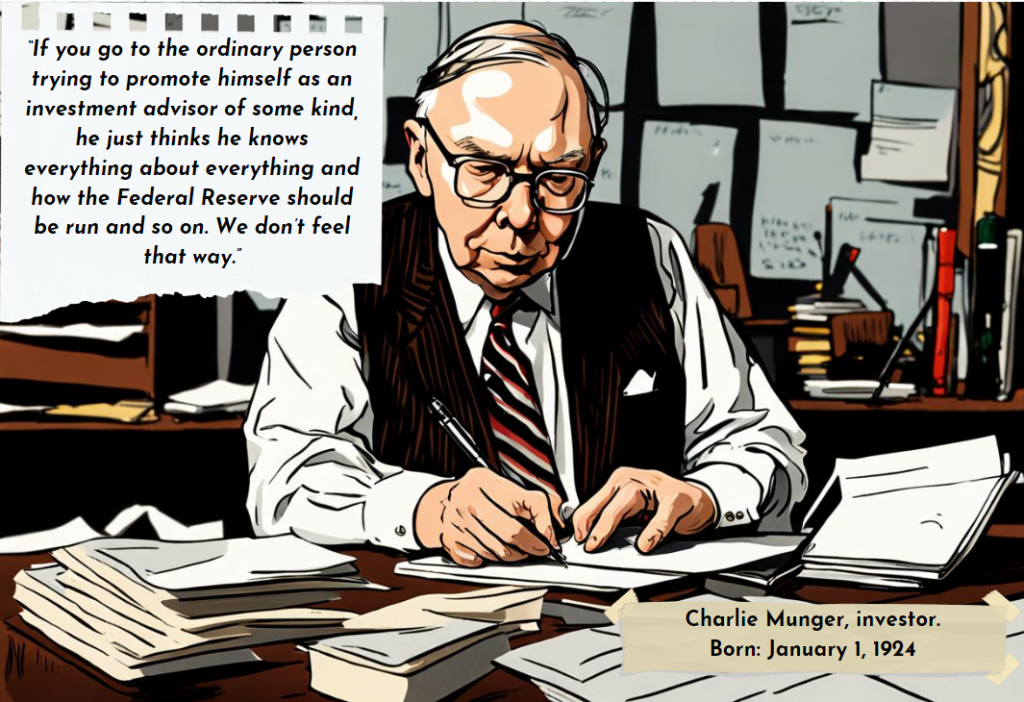 Illustration of Charlie Munger, an elderly man with glasses, sitting at a desk writing on papers with a pen. The office is filled with books and papers in the background. A quote on the image reads: "If you go to the ordinary person trying to promote himself as an investment advisor of some kind, he just thinks he knows everything about everything and how the Federal Reserve should be run and so on. We don't feel that way." At the bottom right corner, it states "Charlie Munger, investor. Born: January 1, 1924."