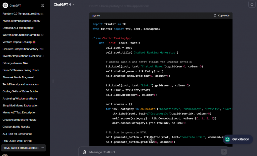 Screen capture of Python code in a chat interface with a dark background. The code is a prototype of a 'Chatbot Ranking Generator' application using the Tkinter library. It includes imports, a class definition with an initializer method, creation of GUI elements for chatbot name and link inputs, and a loop to create score categories with associated ComboBox widgets. A button to generate HTML is also coded