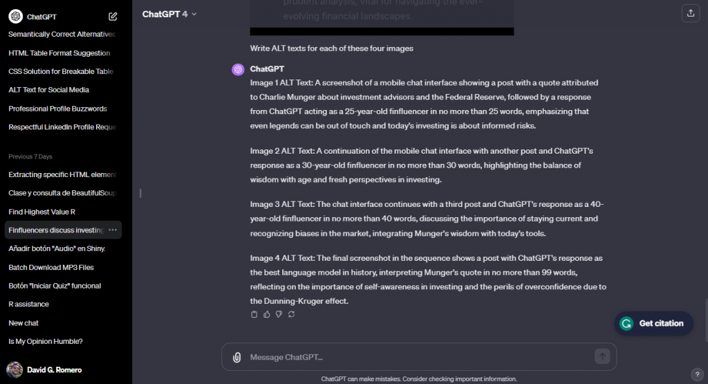 Displaying a user interacting with ChatGPT on various responses to a quote about investing, showcasing the language model's ability to adapt its tone and content to different age perspectives.