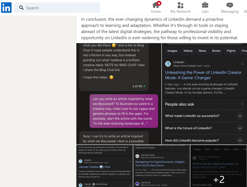 Screen capture showing a LinkedIn post discussing dynamic learning and adaptation on the platform, a Google search about LinkedIn's success factors, and a chatbot conversation about crafting an article using generic phrases.