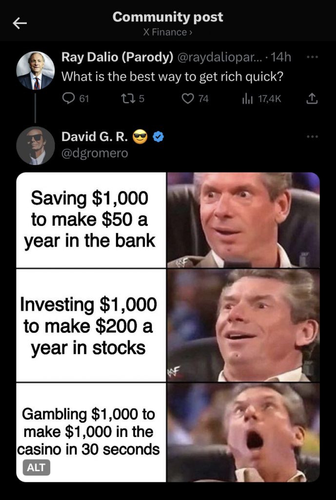 Screenshot of a Twitter post by “Ray Dalio (Parody)” asking, “What is the best way to get rich quick?”. Below it, a humorous meme posted by @dgromero depicting three reaction images of a man expressing increasing surprise. The text captions read: “Saving $1,000 to make $50 a year in the bank”, “Investing $1,000 to make $200 a year in stocks”, and “Gambling $1,000 to make $1,000 in the casino in 30 seconds