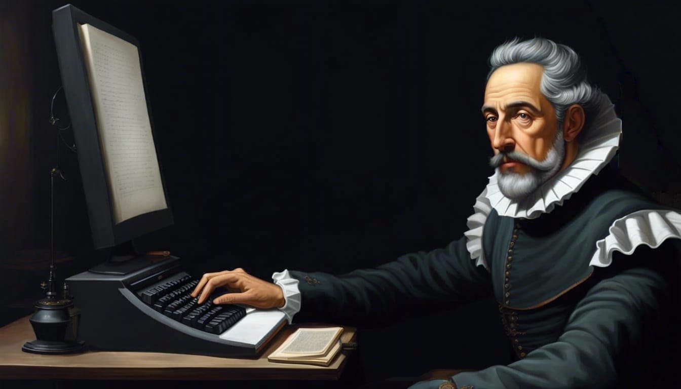 The image is an anachronistic digital artwork portraying Miguel de Cervantes, the famed Spanish writer, in a modern setting. Cervantes is depicted in his traditional 17th-century attire, complete with a ruff collar and a dark, embroidered doublet. His iconic mustache and goatee are meticulously groomed, and his hair is neatly styled, with the grey showing his age. He is seated before a contemporary black computer monitor, which displays a manuscript page. His right hand rests on a modern keyboard as if he is in the process of typing, blending the old with the new in a playful juxtaposition. To his right is an open, hardcover book, perhaps a nod to his own works, such as "Don Quixote". The setting is dimly lit, evocative of candlelight, with a quill and an inkwell to his left, further emphasizing the melding of different eras—Cervantes' historical period and the digital age. The overall effect is a whimsical yet thought-provoking image that merges the past and present, suggesting the timelessness of Cervantes' contributions to literature.