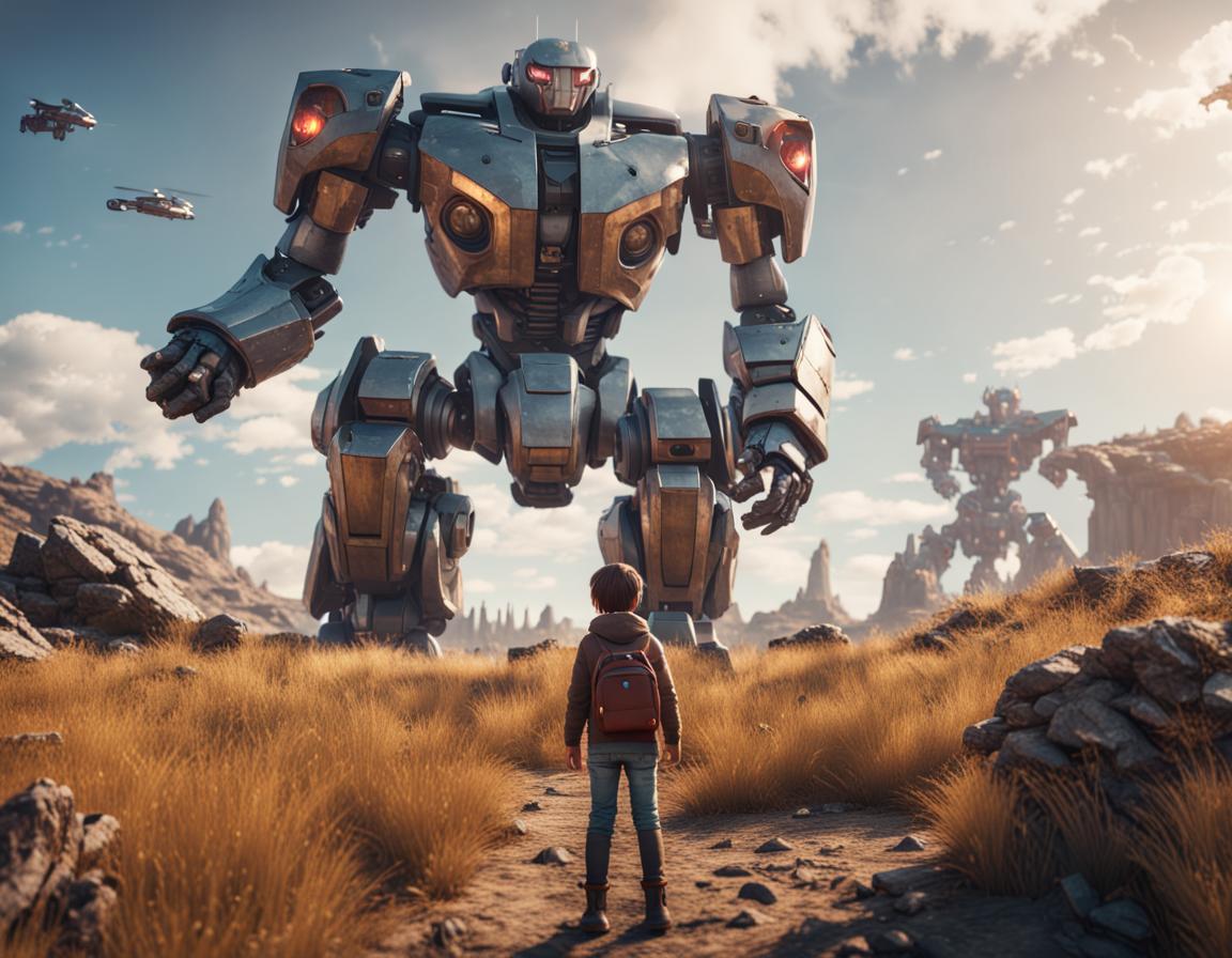 This image depicts a young boy standing on a path in a grassy, rocky terrain, facing a massive robot. The boy is seen from the back, wearing a red backpack and casual clothing. In front of him, the robot, which towers above the landscape, extends one hand towards the boy in a seemingly gentle gesture. The robot is detailed and mechanical, with a humanoid shape featuring a head, torso, arms, and legs. Its design includes various panels, joints, and glowing elements, suggesting advanced technology. In the background, under a blue sky with scattered clouds, another similar robot can be seen in the distance, along with flying ships hovering nearby. The environment has a wild, untamed feel, with rocky outcroppings and sparse vegetation, conveying a sense of being on another planet or in a post-apocalyptic future. The scene is bathed in the warm light of either sunrise or sunset, adding a dramatic effect to the encounter.