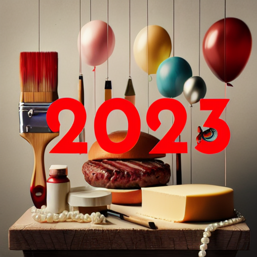 A conceptual still life composition displaying the number "2023" in bold red digits, surrounded by a variety of objects. To the left, a large paintbrush dipped in red paint, and to the right, a bottle of ketchup, a hamburger patty, and a block of butter rest on a wooden surface. A jar of white pills and a string of pearls lie in front. Above, several balloons in shades of red, teal, and other colors hang as if in mid-air. The arrangement is set against a subdued background, creating a festive yet unconventional atmosphere.