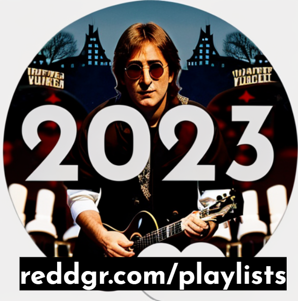 A promotional graphic for a music playlist, "Best of 2023 (1/3)", depicting a figure reminiscent of John Lennon playing a guitar, set against a background with silhouettes of castle-like structures, possibly alluding to ghost houses. The design features the year "2023" prominently in the center with the web address "reddgr.com/playlists" below. The style conveys a vintage feel, using sepia tones and a vignette effect, evoking a sense of nostalgia and reverence for musical heritage, coinciding with the release of a new song by The Beatles in the playlist's curation.