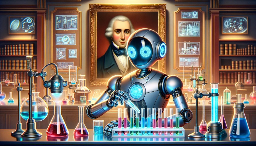 A stylized illustration of a robot performing scientific experiments in an elaborate laboratory setting. The robot, with a humanoid torso and a head with two prominent, glowing blue eyes, is carefully handling test tubes with colorful liquids. The background features a luxurious library with bookshelves filled with books, and framed pictures of scientific diagrams and a portrait of a historical figure resembling George Washington or Immanuel Kant. The laboratory is equipped with traditional glassware such as beakers and flasks, alongside futuristic elements like glowing containers and complex apparatuses. The scene exudes a blend of classic and advanced technological themes.