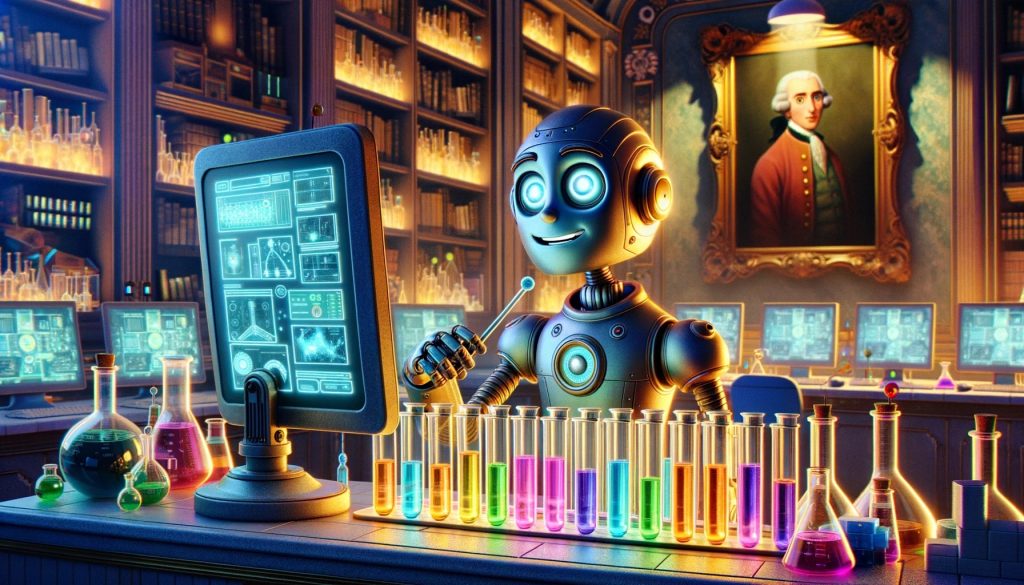 A robot with a friendly, human-like face engaged in scholarly pursuits, symbolizing the intersection of philosophy, science, and artificial intelligence. The robot, positioned centrally, interacts with a large, vertical display filled with intricate diagrams and data, reminiscent of a futuristic blackboard. An array of test tubes in a spectrum of glowing colors lines the foreground, suggesting a methodical approach to experimentation. Behind the robot, a wall filled with monitors displaying similar scientific graphics reinforces the theme of high-tech research. Dominating the background is an ornate portrait of a figure styled similarly to Immanuel Kant, representing philosophical thought. The library setting, with its classical architecture and rows of books, contrasts with the advanced technology, creating a dialogue between the past and present, ideas and discovery, embodying the essence of knowledge evolution from philosophy to present-day AI.