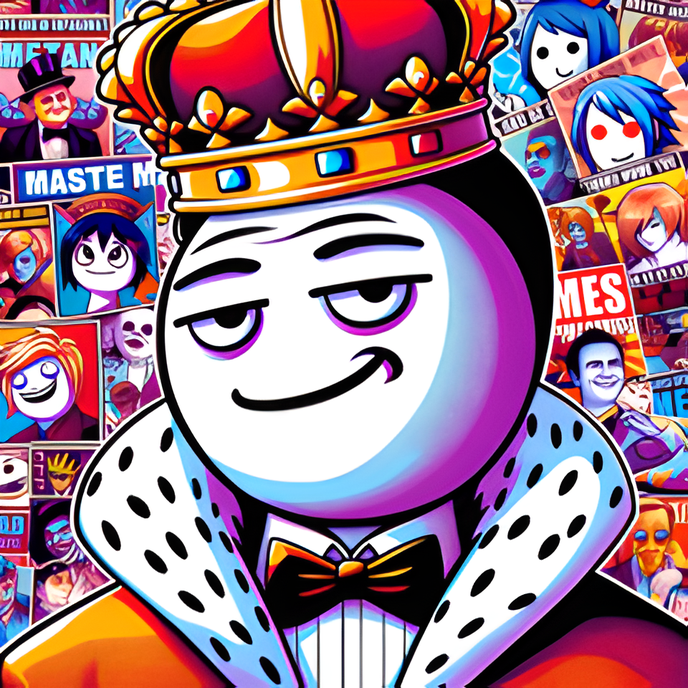 A stylized illustration of a character resembling a king, with a smug expression, wearing a crown and a cape with a bow tie. The background is a vibrant collage of various cartoon-style faces and elements, suggesting a theme of memes. The logo embodies the persona of 'The Meme Erudite,' suggesting a regal approach to analyzing memes with a blend of academic insight and playful arrogance.