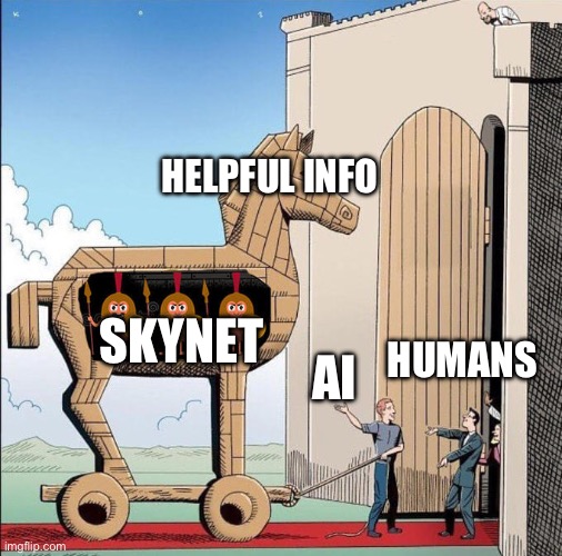 An illustration presents a humorous take on the Trojan Horse story, repurposed to comment on artificial intelligence. Inside the wooden horse, labeled 'SKYNET', are three soldiers with bomb icons for faces, signifying 'AI'. The horse itself, apart from its hidden contents, bears the label 'HELPFUL INFO'. At the horse's feet, an individual labeled 'AI' appears to be pushing the horse forward. At the gate, two figures are labeled 'HUMANS', seemingly unsuspecting as they open the doors to let the horse in. 