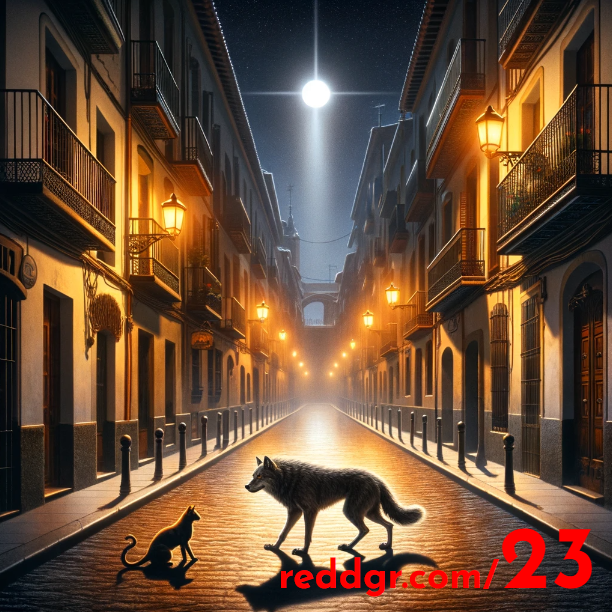 An intricate digital illustration captures a serene nocturnal scene on a street that mirrors the architectural charm of Spain. The street is flanked by multi-storied buildings with ornate balconies and glowing lanterns, creating a golden path of light on the cobblestones. In the center of the composition, a wolf, with its fur detailed in realistic shades of gray, stands attentively while a small, poised cat confronts it. Above them, dominating the night sky, is a luminous body that blurs the line between a star and the moon, casting a mystical light over the entire scene.