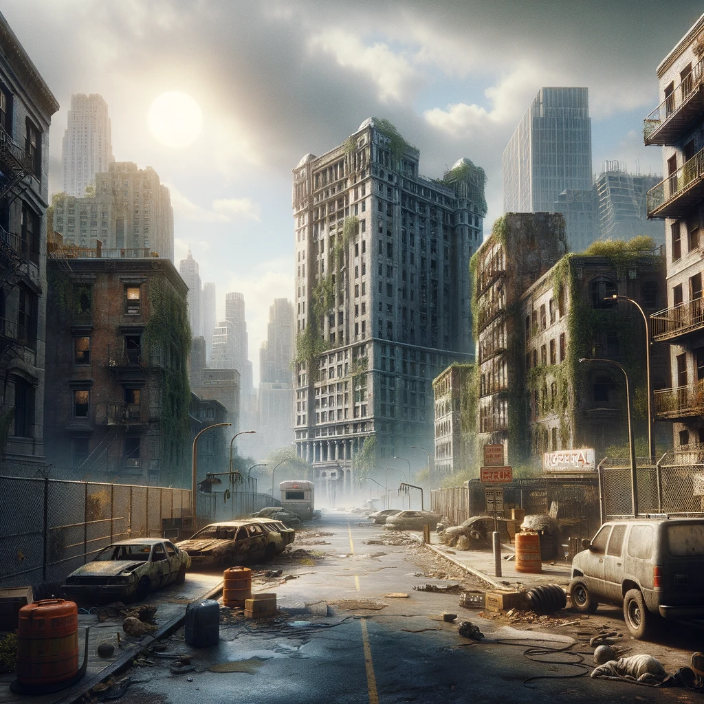 A post-apocalyptic New York City scene with a hint of hope. The buildings are damaged but less crumbled, with fewer vines and fungi. The street has so