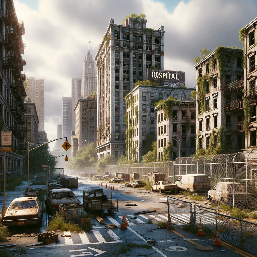 A scene in a recovering post-apocalyptic New York City, showing further signs of hope and reconstruction. Buildings stand tall, with minimal damage an