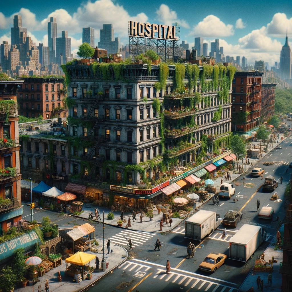 A bustling post-apocalyptic New York City scene, where recovery is well underway. Buildings are restored and repainted, with healthy greenery decoration