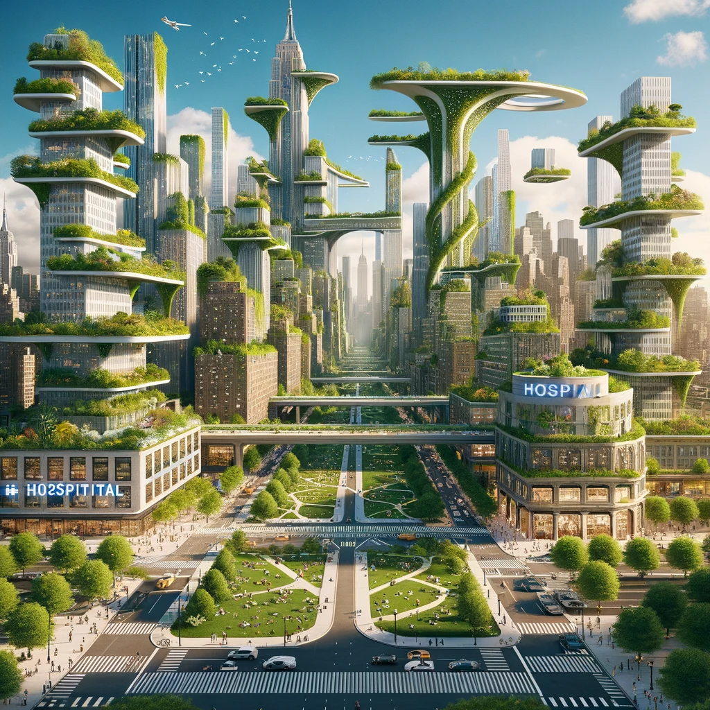 An image of an idyllic New York City, transformed into a utopia. The architecture is a blend of futuristic and eco-friendly designs, with buildings co