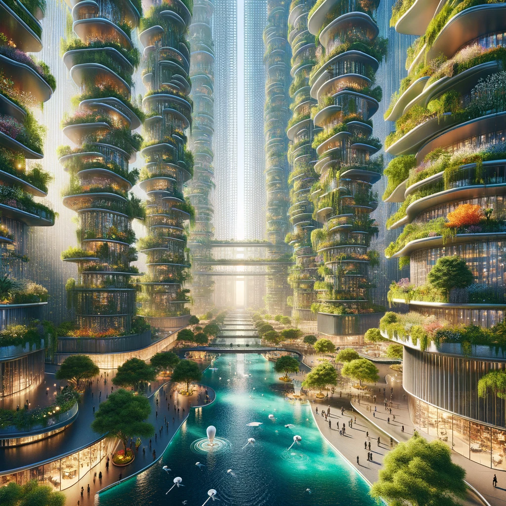 Create an image of a highly advanced utopian cityscape. Imagine towering skyscrapers with sleek, shimmering facades that stretch towards the sky. Betw