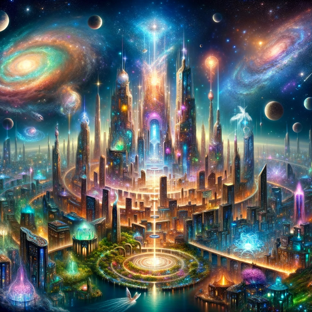 Imagine the pinnacle of a cosmic utopia, where civilization has evolved to a level of celestial harmony. Picture a cityscape with structures made of s