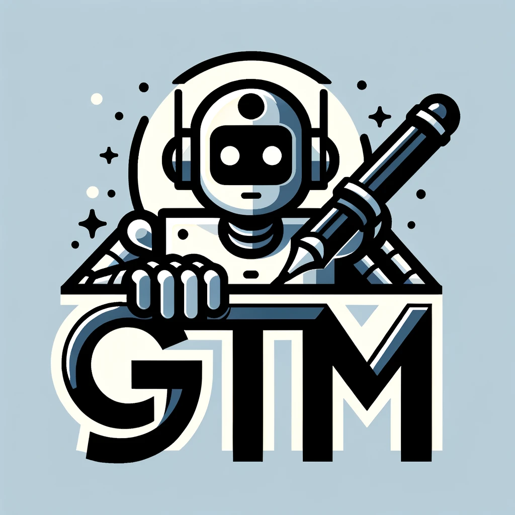 Graphic Tale Maker . A logo featuring a robot writing with a pen with the letters GTM. 