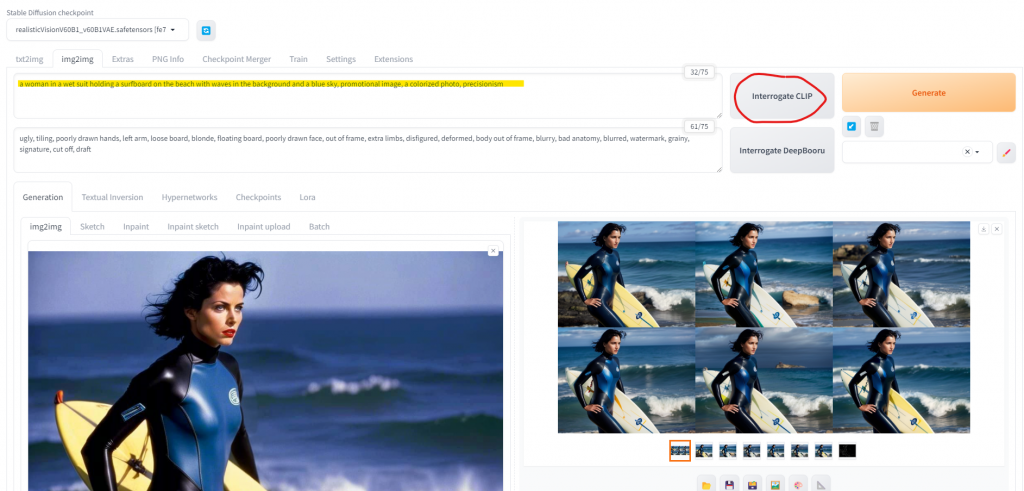 Screenshot of a Stable Diffusion web interface in Automatic1111, displaying a feature where an img2img prompt is highlighted in yellow, reading "a woman in a wet suit holding a surfboard on the beach with waves in the background and a blue sky, promotional image, a colorized photo, precisionism." This prompt was created by the "Interrogate CLIP" feature, as indicated by a red oval around the button. On the left side of the screen, a large image of a woman in a wetsuit holding a surfboard on the beach is visible. To the right, a sequence of six smaller images are shown, representing variations of the large image that were generated after the "Generate" button was clicked.