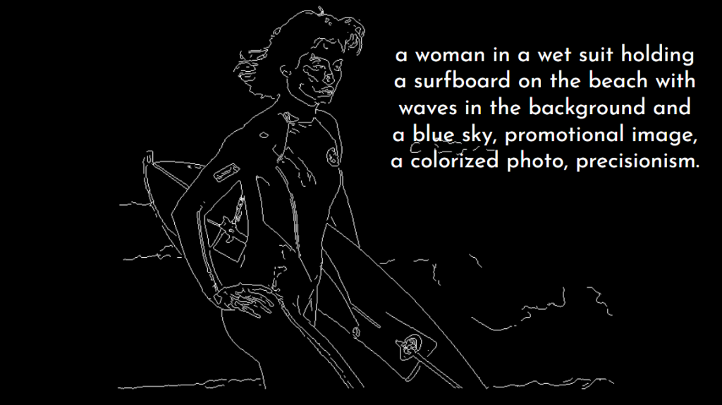 Black and white line drawing generated by the ControlNet Canny model, depicting a woman in a wetsuit holding a surfboard on the beach. The text from the CLIP Interrogator, describing the image, is superimposed over the drawing and reads: "a woman in a wet suit holding a surfboard on the beach with waves in the background and a blue sky, promotional image, a colorized photo, precisionism." [Alt text by ALT Text Artist GPT]